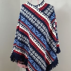 Vintage Herald House Shawl Red White And Blue Fringe